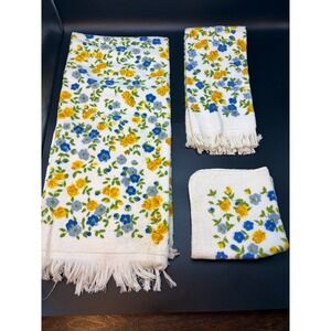 Floral Bath Towel/Handtowel/Washcloth/Blue/Purple/YellowCotton Vtg Retro MCM 70s